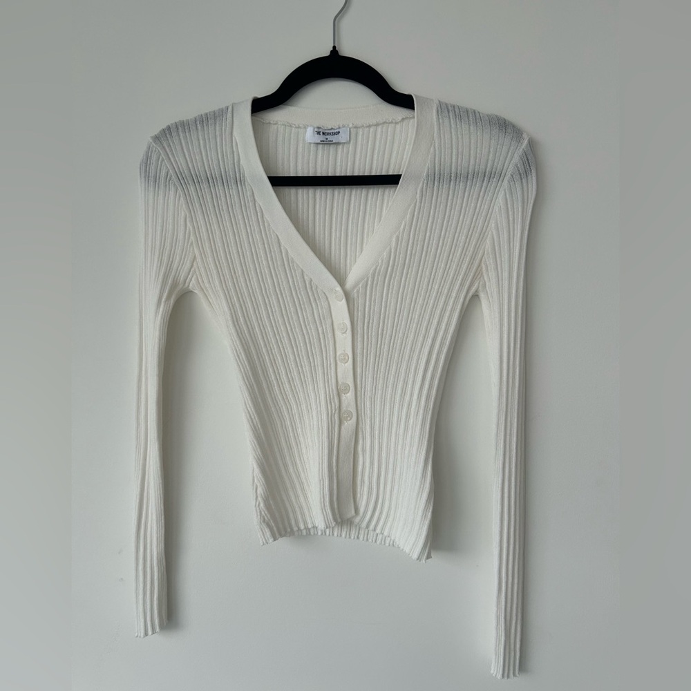 The Workshop White Ribbed Button-Up Cardigan